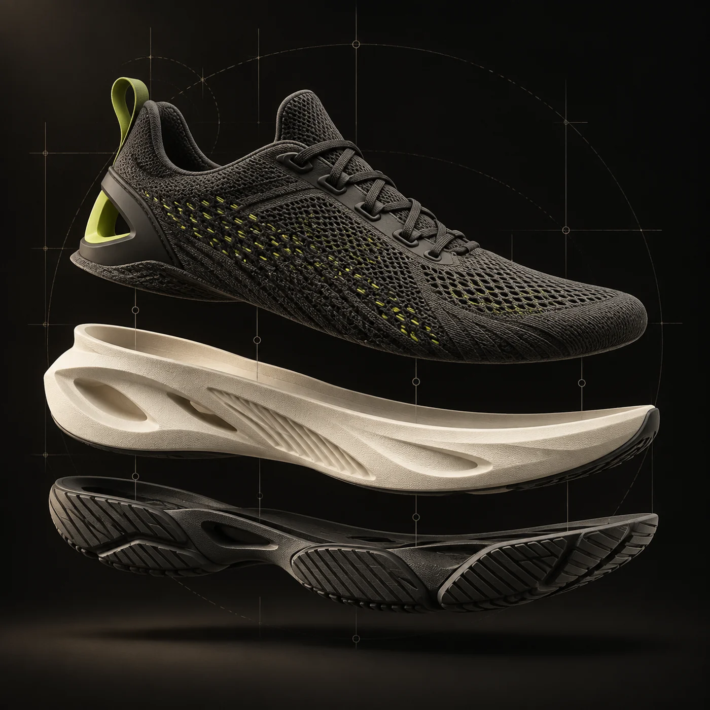 AI concept illustration of a sneaker with its upper, midsole and outsole separated