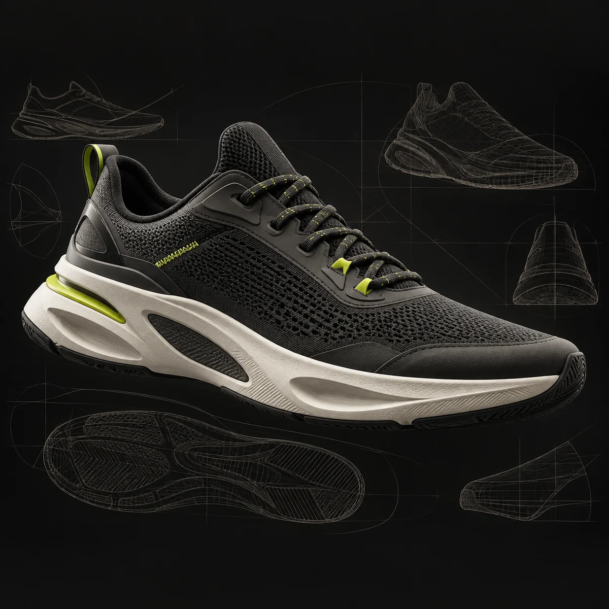 Concept illustrativo AI: sneaker in grafite e lime, tra disegno tecnico e render 3D