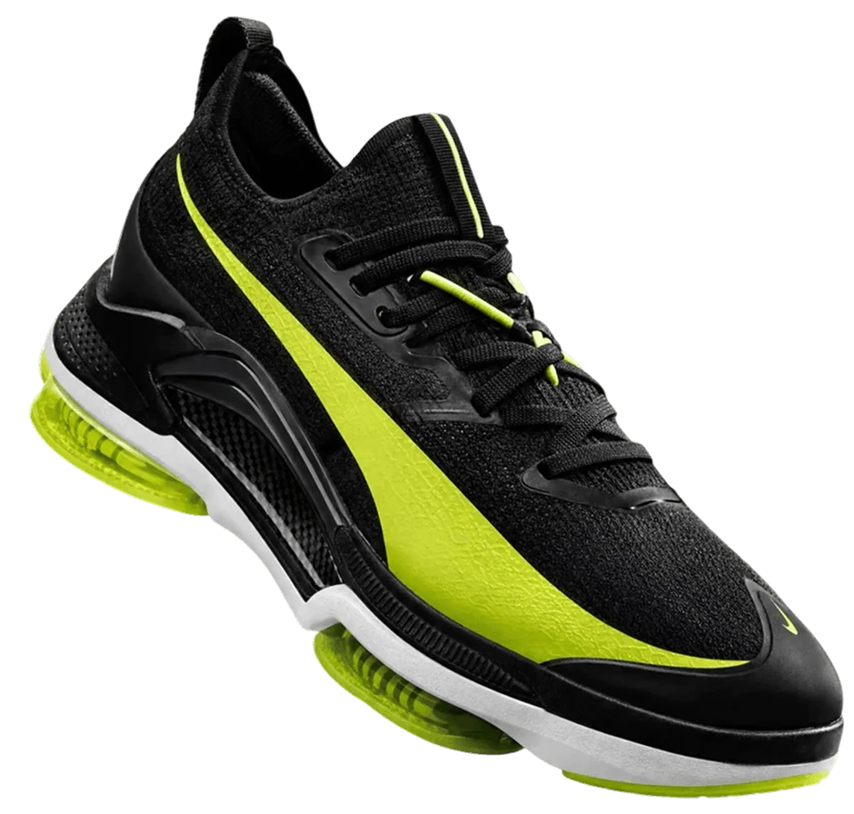 Sneaker performance hybrid in pelle nera con accenti lime — render concept del corso 3D