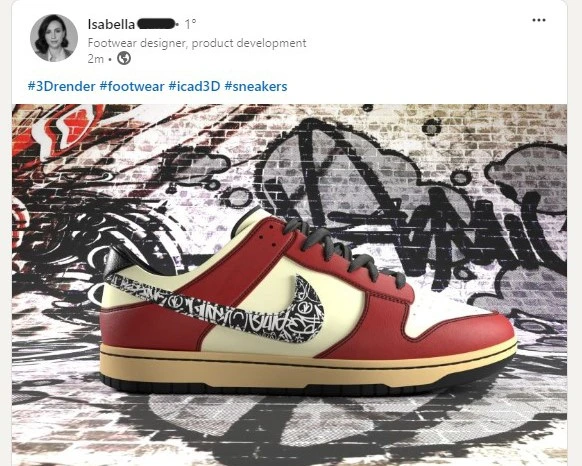 Post LinkedIn di Isabella: render di una sneaker rossa e crema