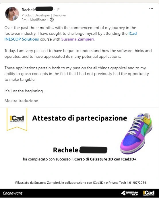 Post LinkedIn di Rachele sul corso con Susanna Zampieri