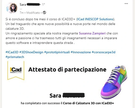 Post LinkedIn di Sara che ringrazia Susanna per gli insegnamenti nel corso Icad3D+