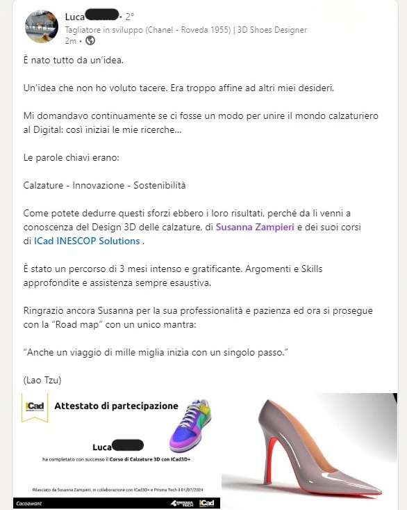 Post LinkedIn di Luca con racconto del percorso del corso Icad3D+
