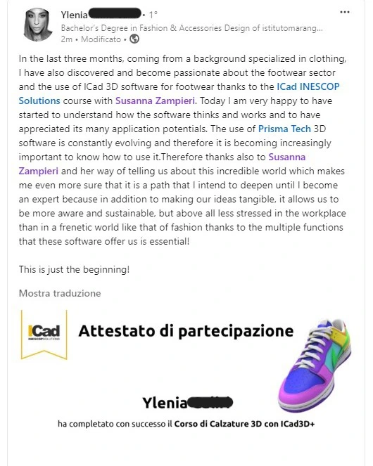 Post LinkedIn di Ylenia sulla scoperta del footwear 3D