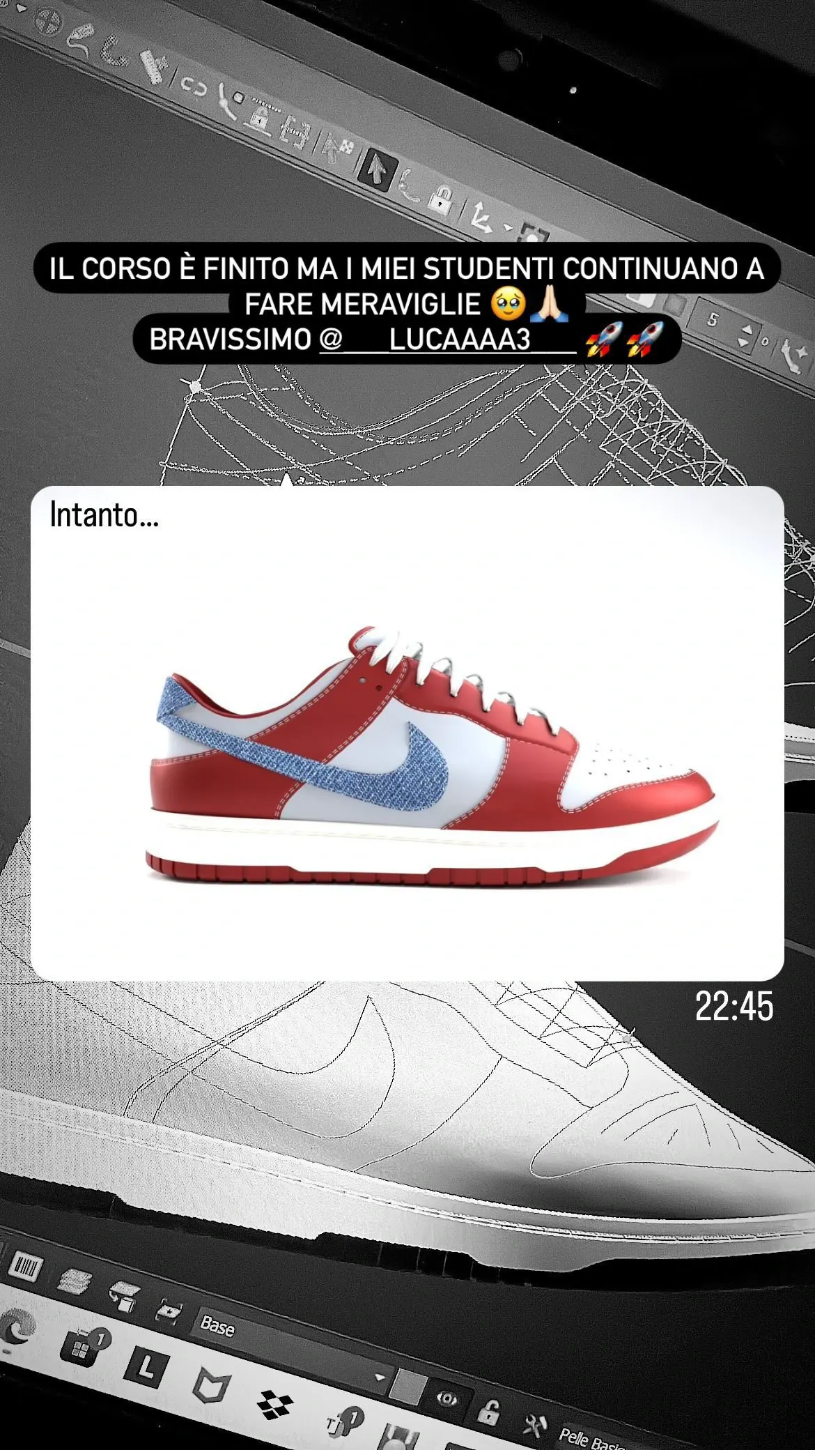 Storia Instagram con sneaker rossa modellata da uno studente del corso